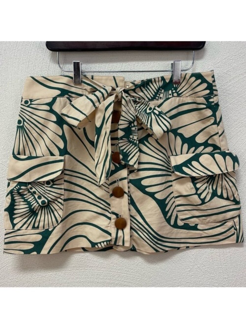 J. Crew Tie Waist Button Down Green & Cream Palm Print Skirt Sz 10